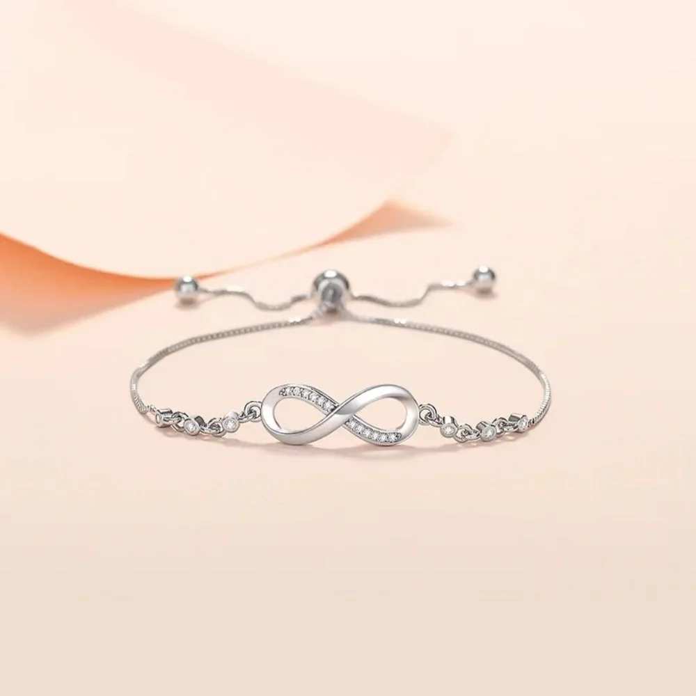 Gorgeous Infinity w/ Diamonds, 8.00 " Inch Long Bracelet .925 Sterling Silver - Picture 3 of 6
